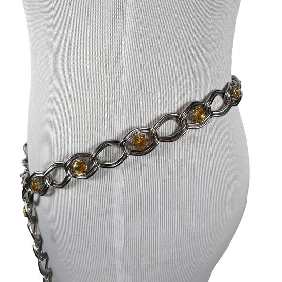 Vintage 80s 90s Chain Link Waist Belt Silver Rhinestone Free Size Plus - Picture 5 of 9